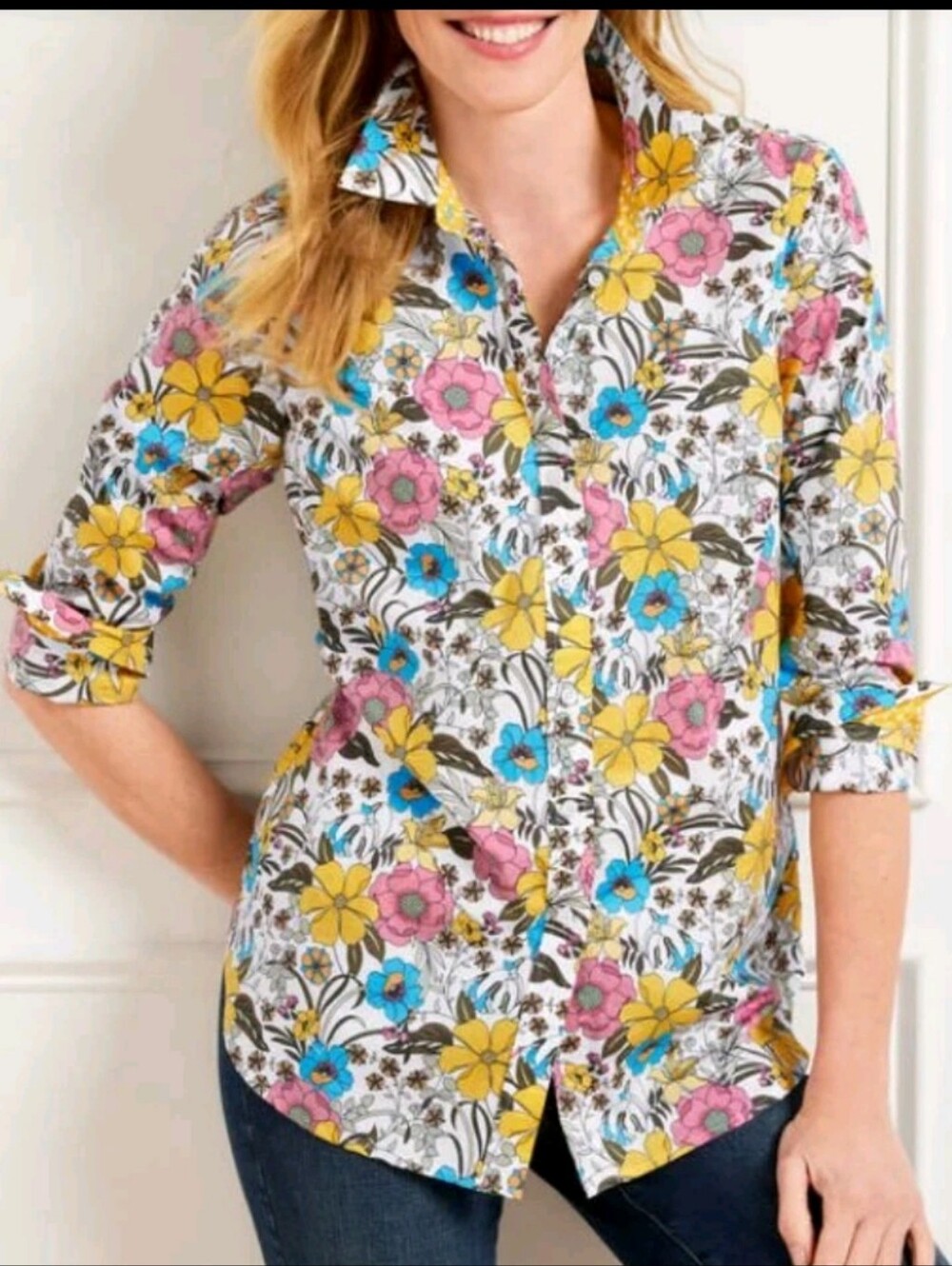 Talbots Plus Floral Shirt Long Sleeve 100% Cotton Size M